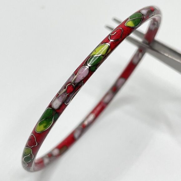 Vintage Cloisonne Enamel Floral Bangle Bracelet 7.5" Red Pink Green Metal - Picture 4 of 6